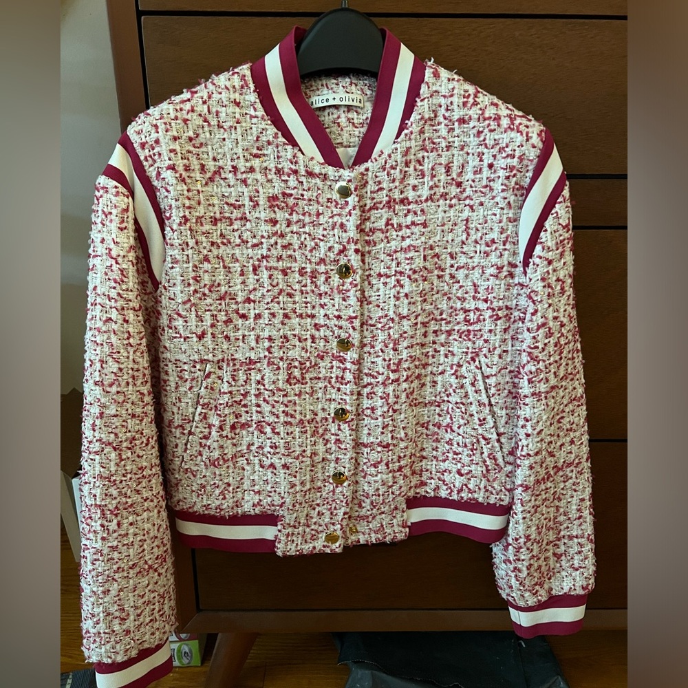 Alice + Olivia Red Tweed Bomber Jacket